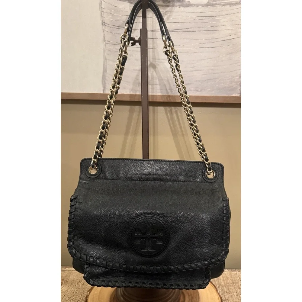 Tory Burch Marion Black Pebbled Leather 2-Way Whipstich Chain Strap Shoulder Bag